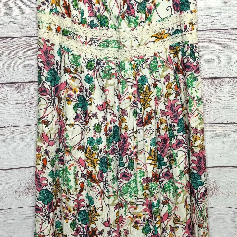 Sundance 100% Linen Girly Lace Floral Bright Fun Preppy Cottage Dress Size 12